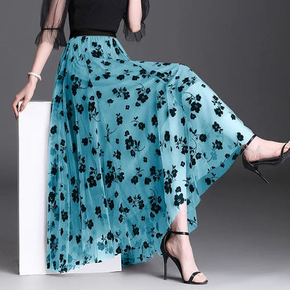 Flocking Floral Pirnted Long Mesh Skirt