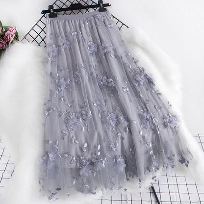 Three-dimensional Floral Decorated Long Mesh Skirts
