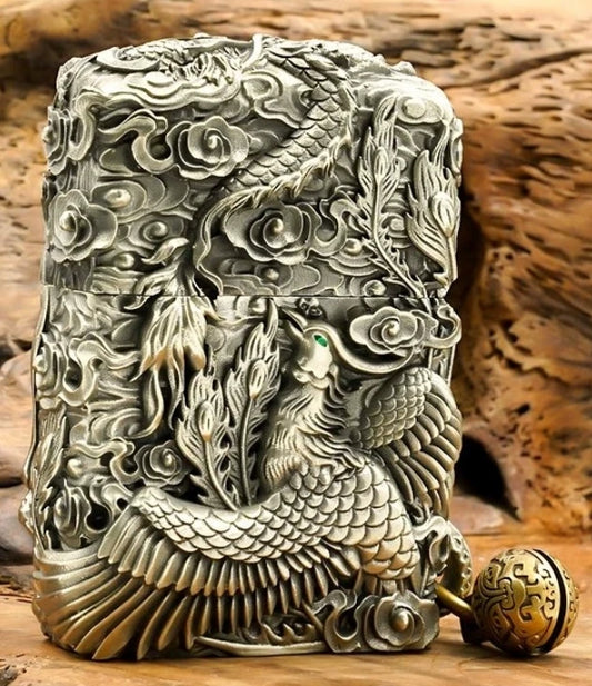 silver Bronze dragon and phoenix relief kerosene lighter