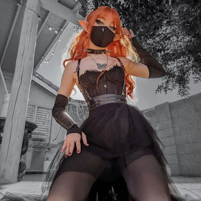 Gothic Mesh High-Waisted Asymmetrical Skirt