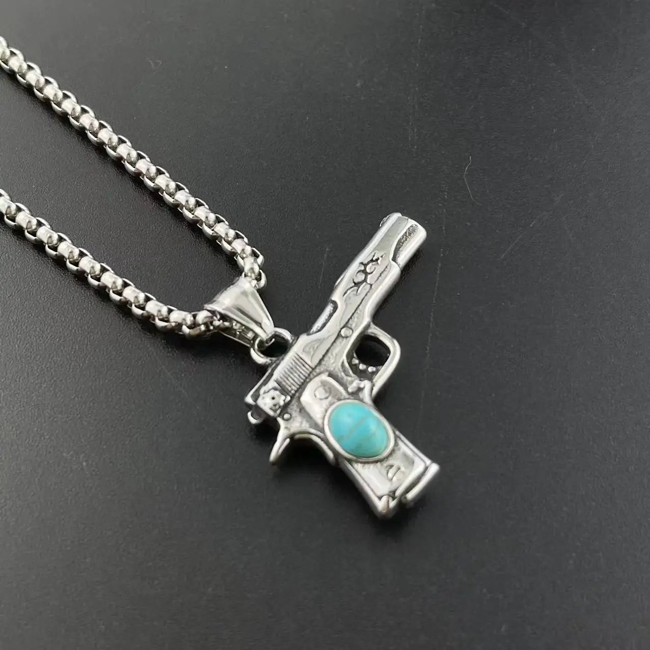 Wholesale 316L Stainless Steel Gun Mens Pendant Hip Hop Turquoise AK47 Guns Titanium Chain Military  Necklace Jewelry Accesories