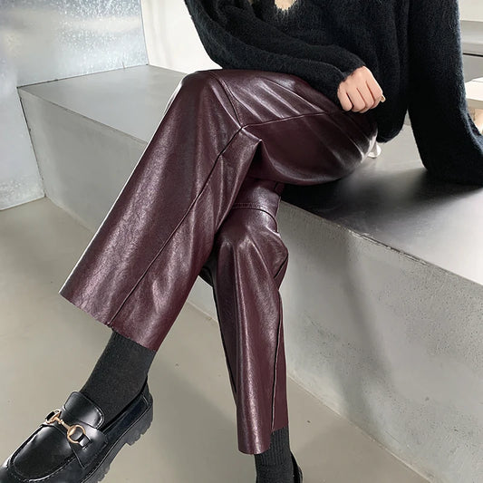 Black PU leather pants for women