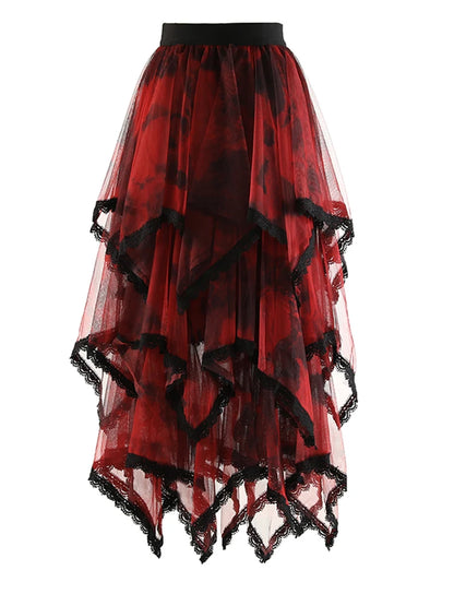 Red Irregular Ruffles Long Mesh Half-body Skirt