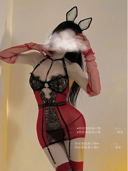 Red Lace Sexy Uniform Gauze Transparent Tight Robe Sweet Fairy