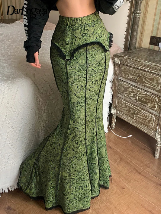 Vintage Fashion Elegant Green Trumpet Long Skirt