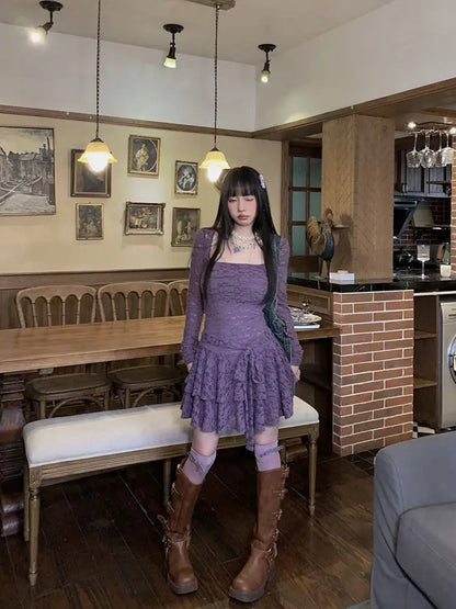 Lace-Inspired Slim-Waist Y2K Tunic Dress