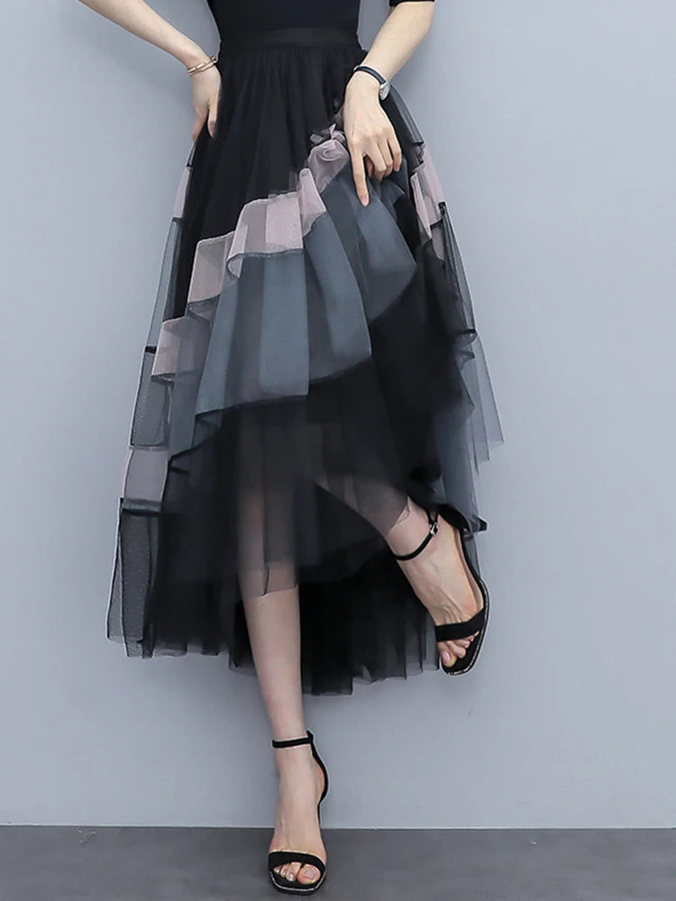 Fashion Patchwork Tulle Long Skirt