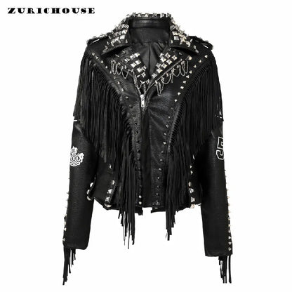 PU Leather Jacket for Women Short Fashion Designer Punk Rivets Chain Moto & Biker Jackets Streetwear Fringed Coats ceketler