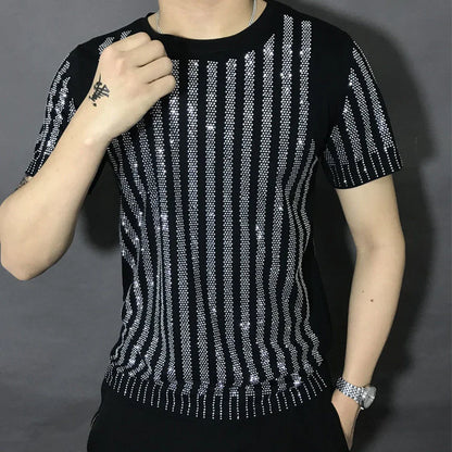 High Quality Men Black Fashion Diamond Rhinestone T-shirt