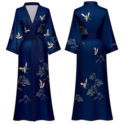 Long Robe Kimono Bathrobe Gown Satin Home Dress