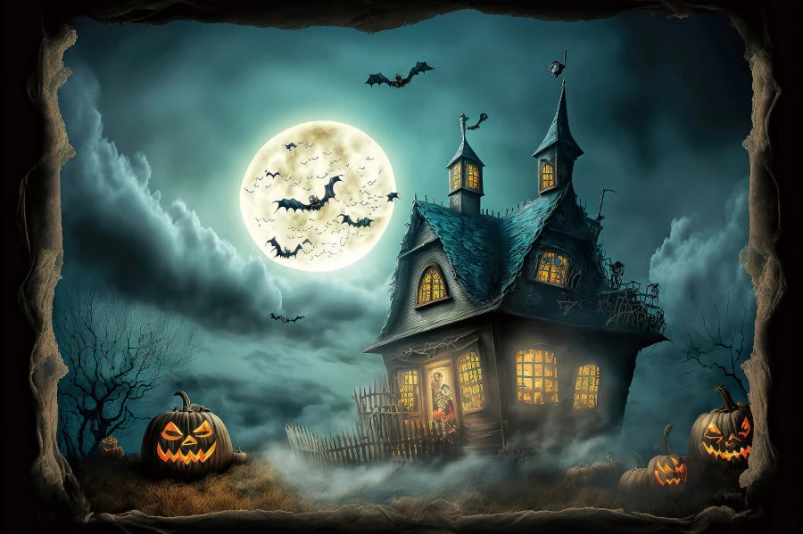 Moonlit Feline: Halloween Bat Castle Backdrop