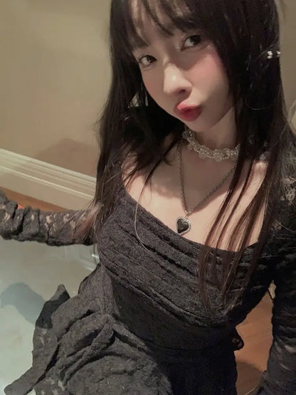 Lace-Inspired Slim-Waist Y2K Tunic Dress