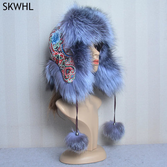 Winter Hat with Ear Real Fox Fur Caps Russian Women