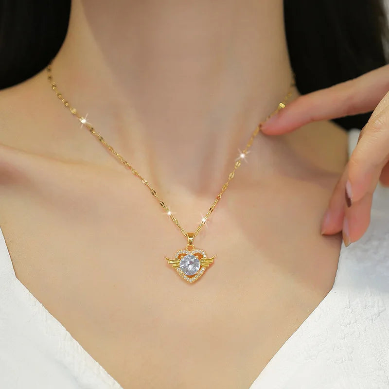 Heart Wing Zircon Flower Charm Necklace