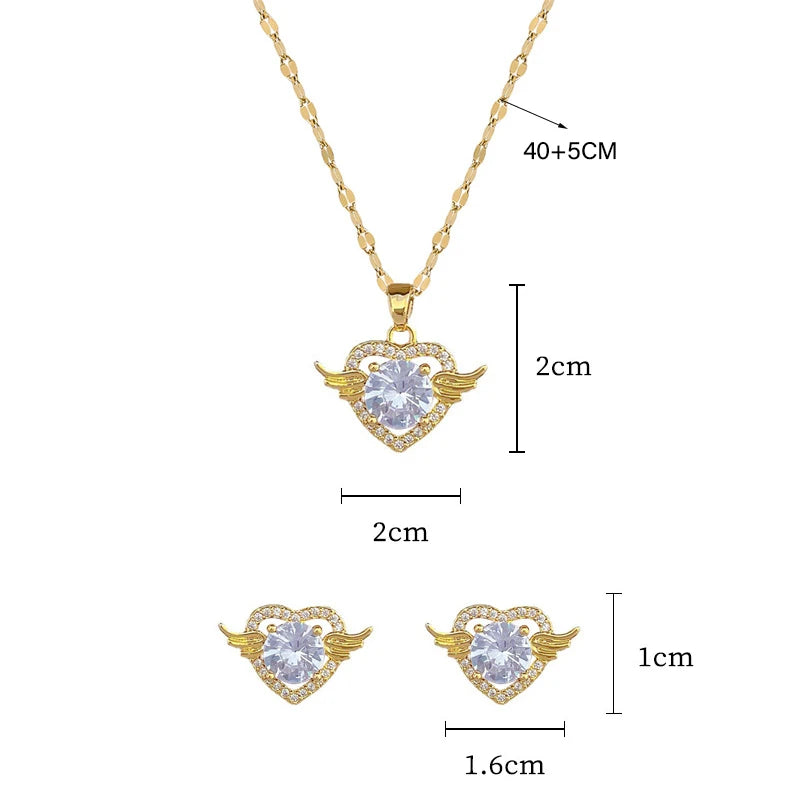 Heart Wing Zircon Flower Charm Necklace