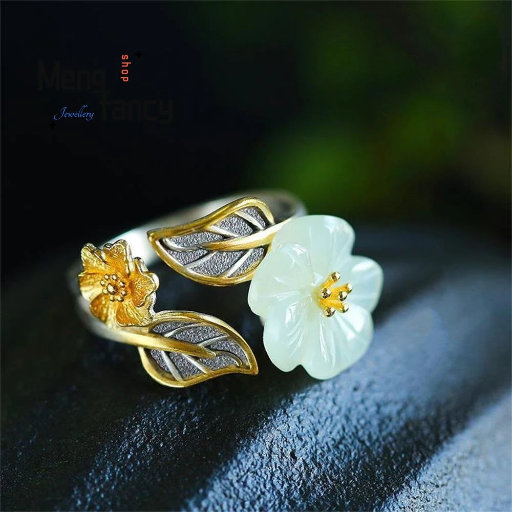 Natural White Hetian Jade Flower Ring 925 Silver Jewelry Eternity  Couple Luxury Promise Adjustable Rings Gift For Girlfriend