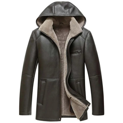 Genuine Leather Sheepskin Coats Thick Hooded