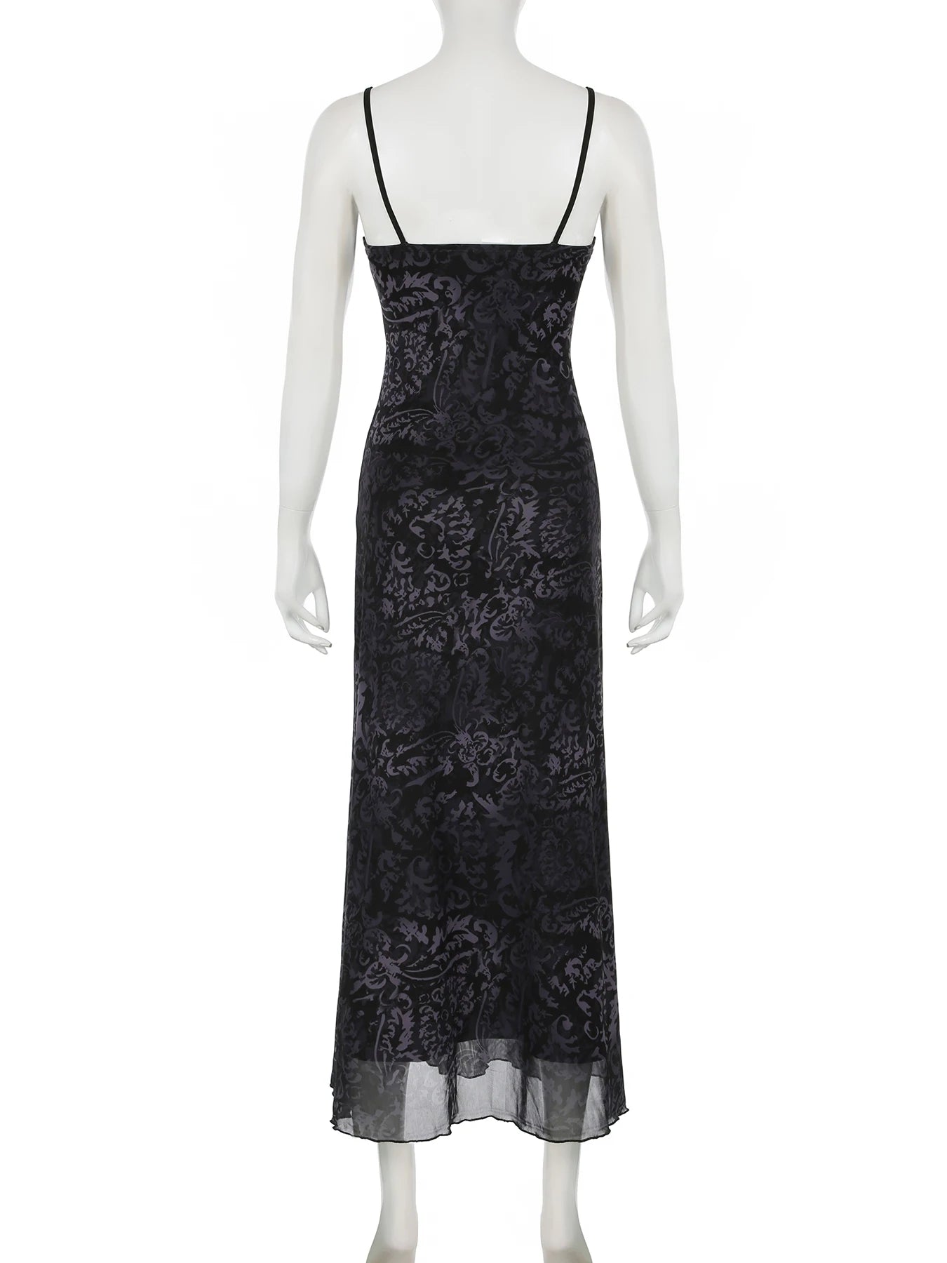 Dark Printed Lace Trim Mesh Dress