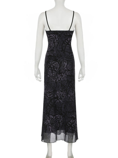 Dark Printed Lace Trim Mesh Dress