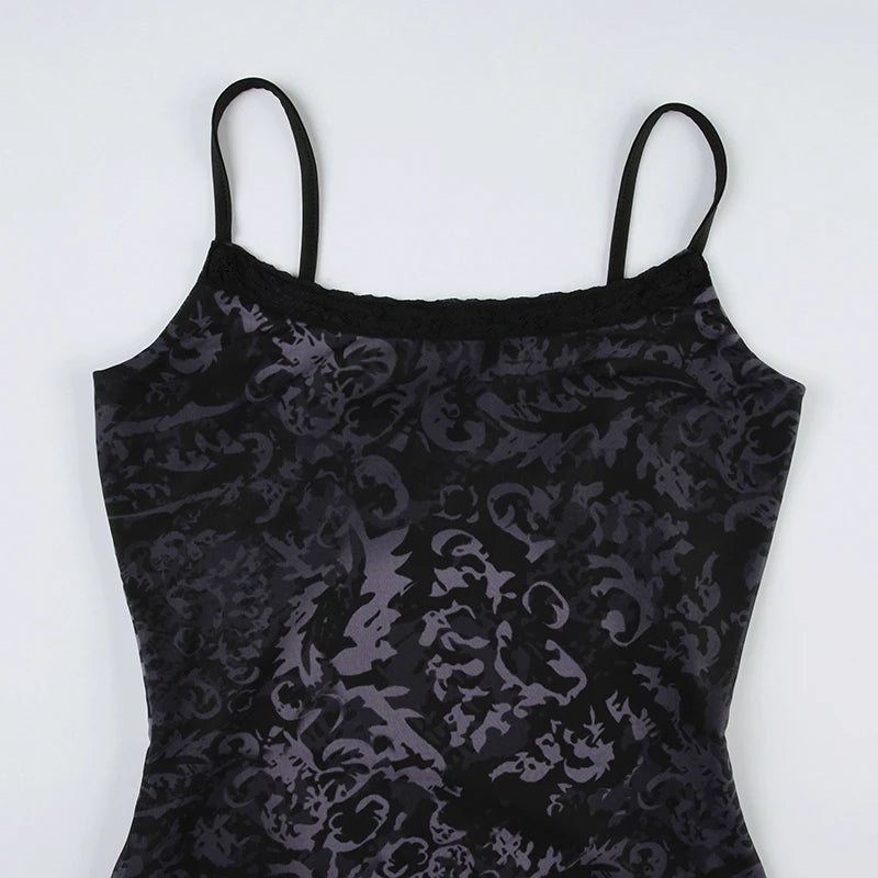 Dark Printed Lace Trim Mesh Dress