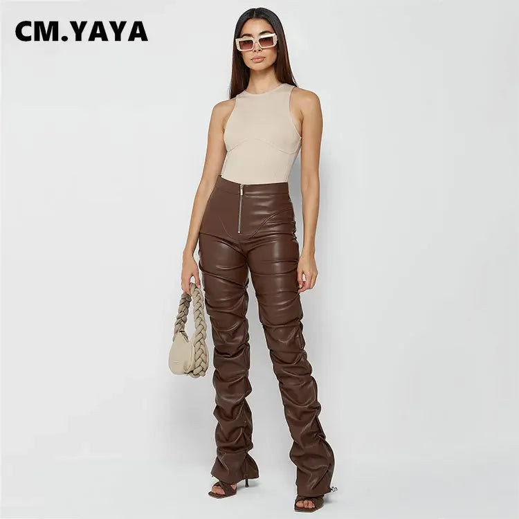 Skinny Full Length Mid PU Leather Pleated Women Bottoms Pants