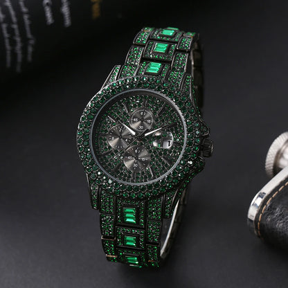 New Green Diamond Watch For Men Luxury Hip Hop Diamond Watches Unique Bling Ice Out Luminous Waterproof Clock relogios masculino