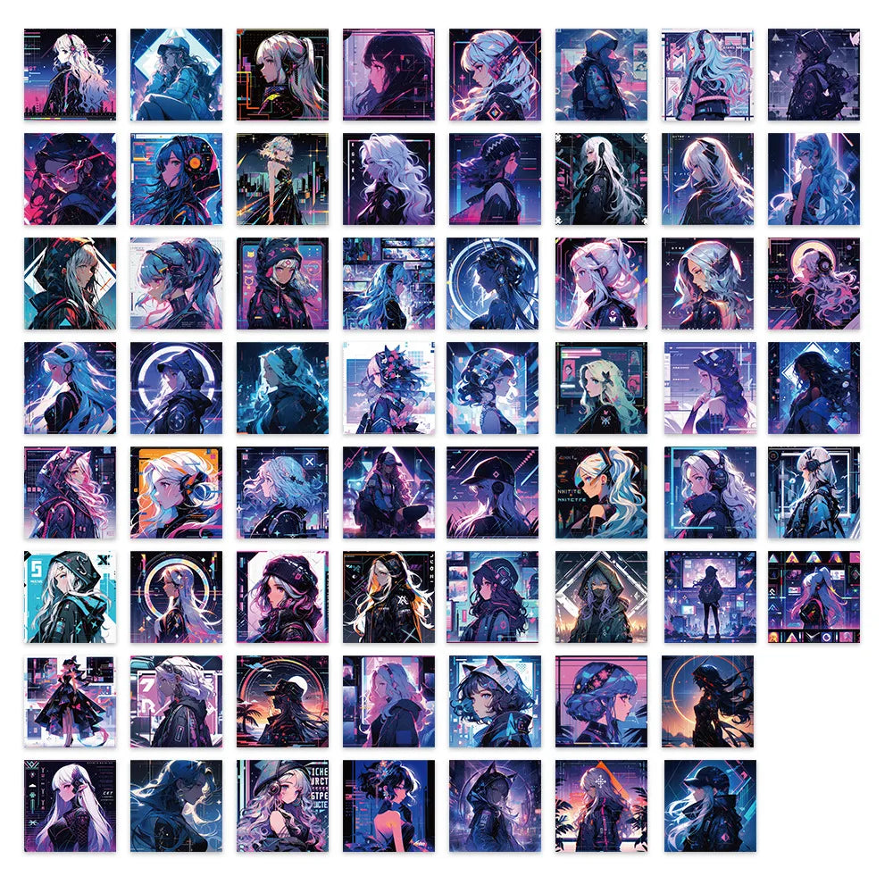 Futuristic Cyberpunk Girl Sticker Pack - 10/62 PCS