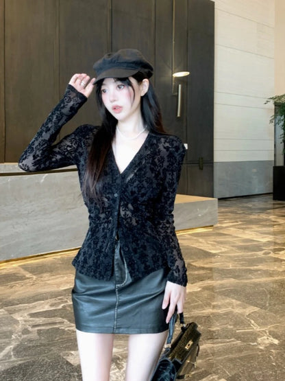 Casual Women Shirts Flocking Lace Bottoming