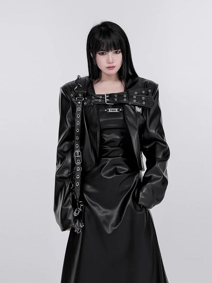 High Quality Black PU Leather Loose Coats