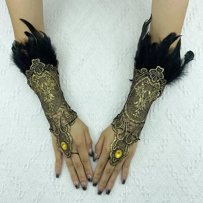 Natural Feather Gold Lace Long Gloves