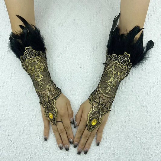 Natural Feather Gold Lace Long Gloves