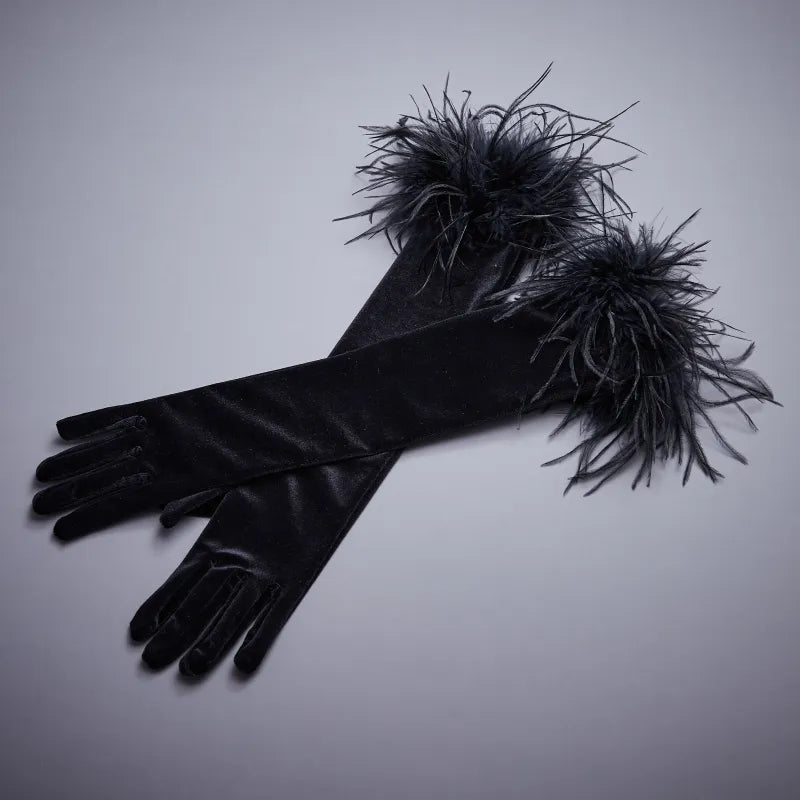 Elegant Ostrich Feather Patchwork Long Velvet Glove