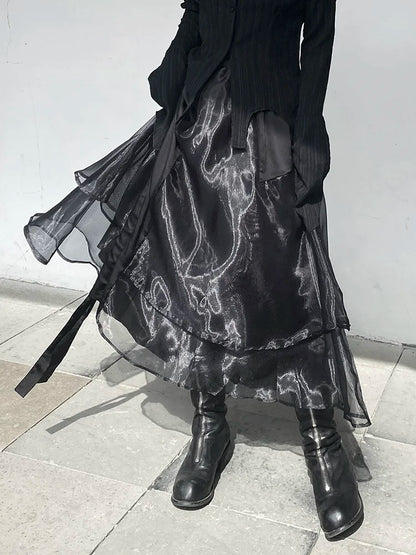 High Elastic Waist Irregular Organza Long Casual Black Half-body Skirt