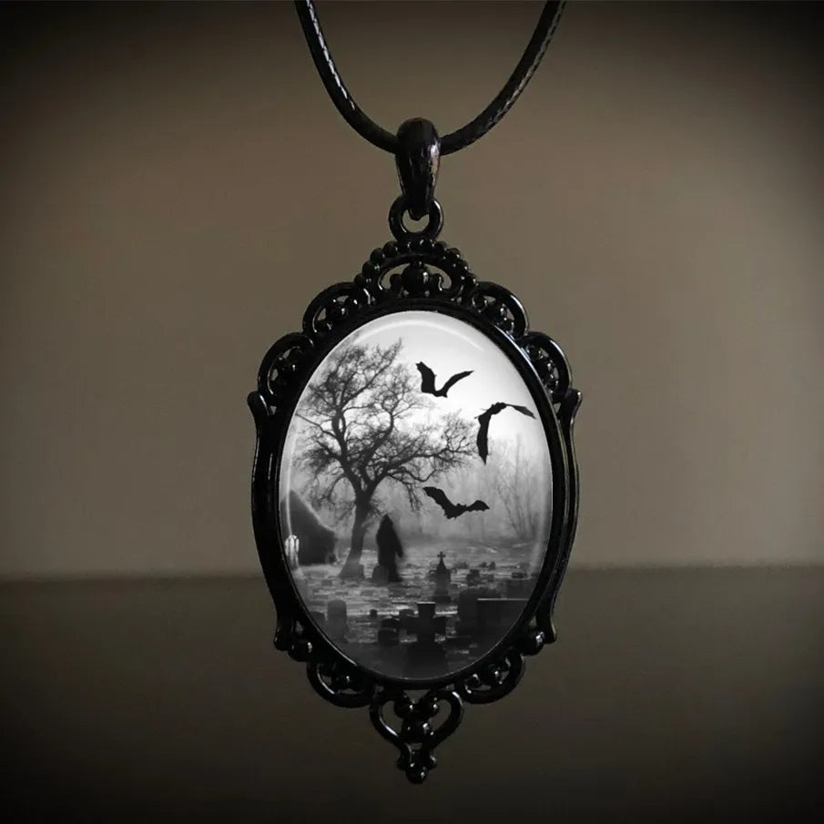 Gothic Bat Cemetery Charm Necklace For Women