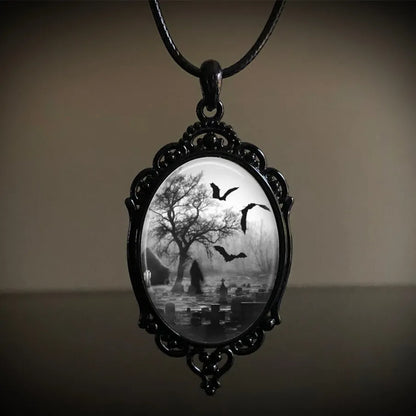 Gothic Bat Cemetery Charm Necklace For Women