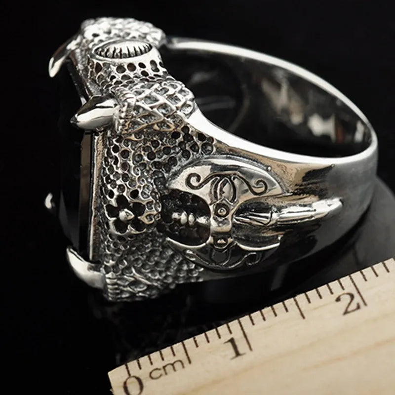 Silver Axe Dragon Claw Domineering Man Ring Inlaid With Garnet