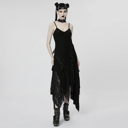Gothic Elegance: Irregular Mesh Slip Dress