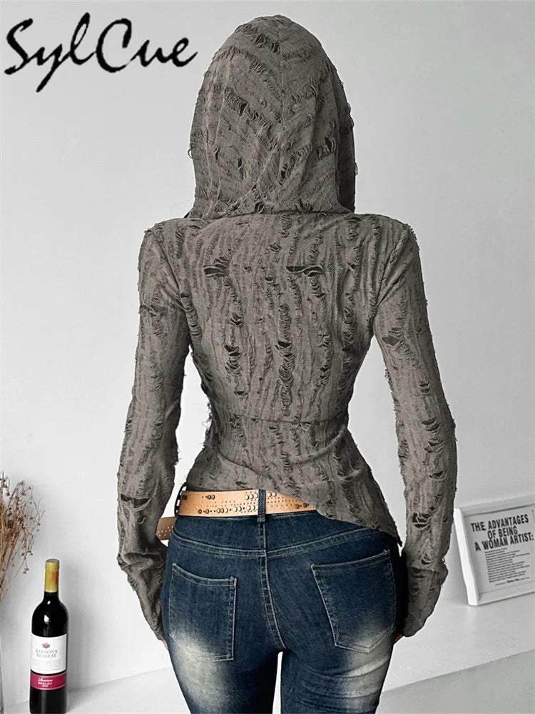 Distressed Hollow Retro Thin Hooded Top