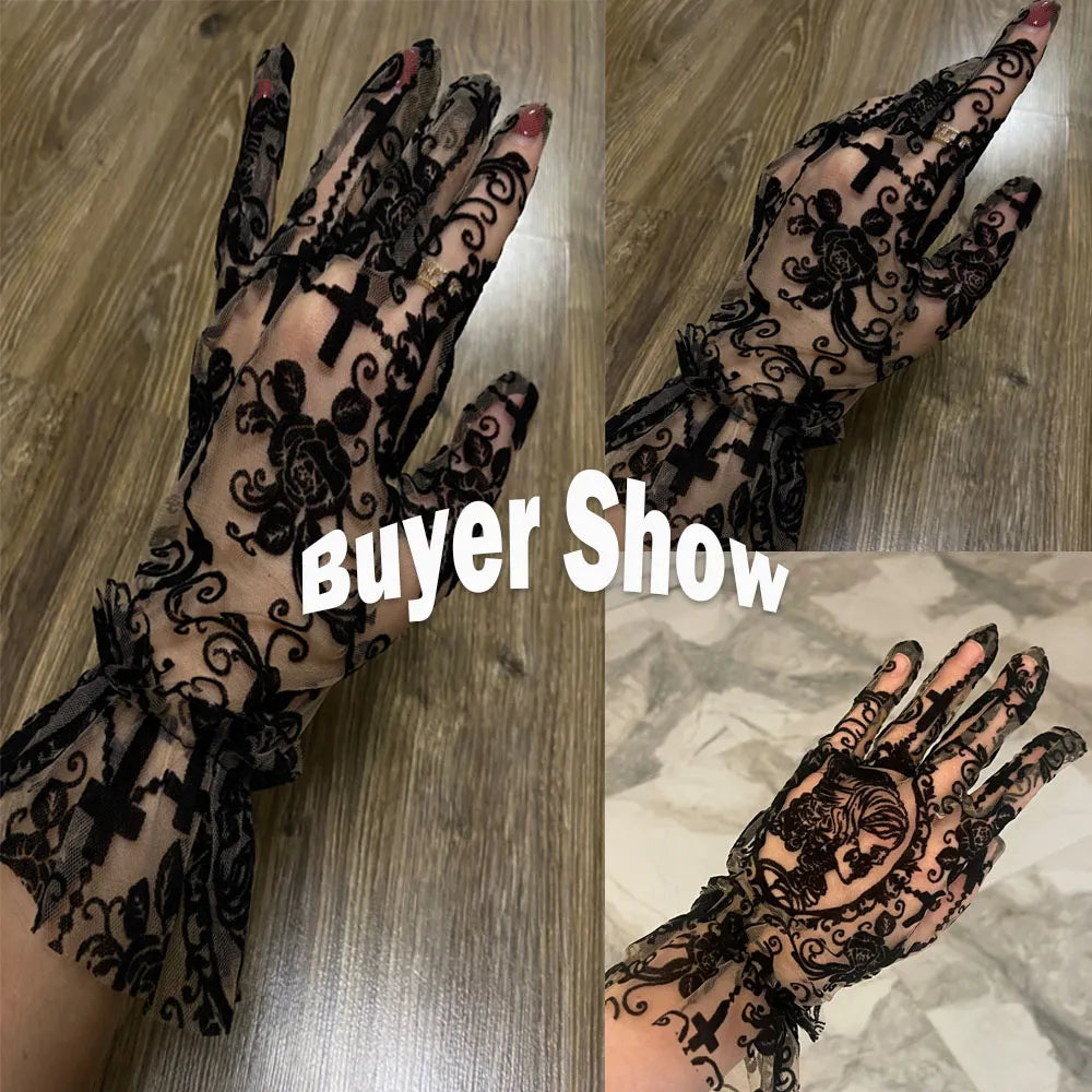 Skull Jacquard Black Lace Gloves