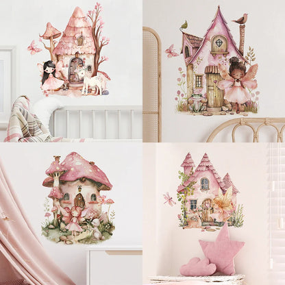 Cartoon Cute Fairy Mushroom House Plant Wall Sticker Flower Elves