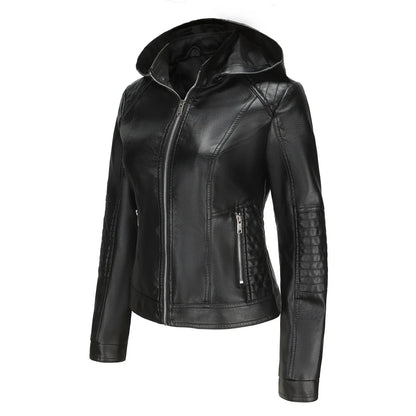 Faux Leather Jacket Women Removable Hood