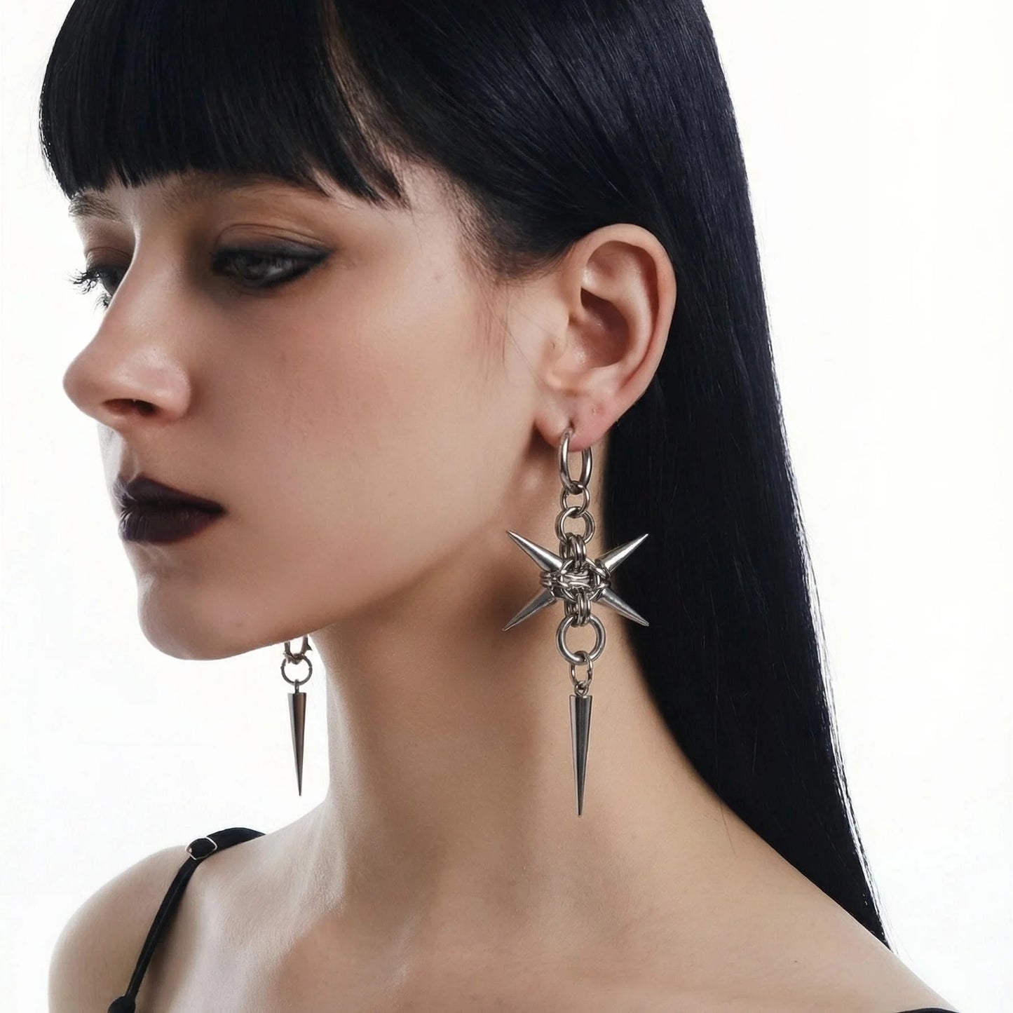 Gothic Spike Hoop Earrings — Punk Chainmail Drop
