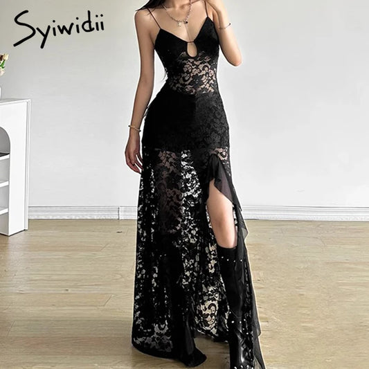 Luxe Lace V-Neck Ruffle Evening Dress