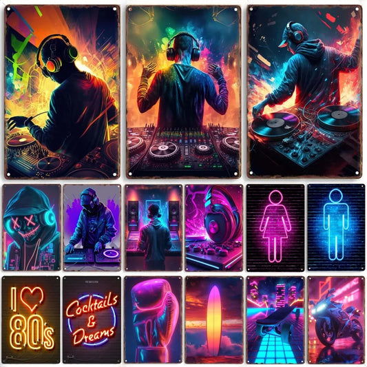 Retro Neon DJ Metal Sign for Bar & Man Cave