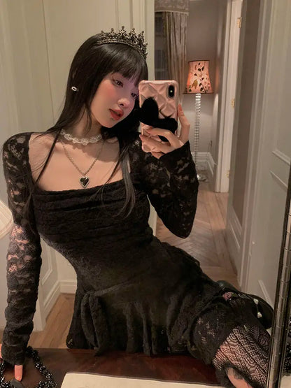 Lace-Inspired Slim-Waist Y2K Tunic Dress