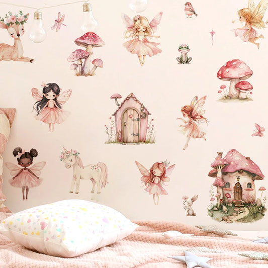 Cartoon Cute Fairy Mushroom House Plant Wall Sticker Flower Elves