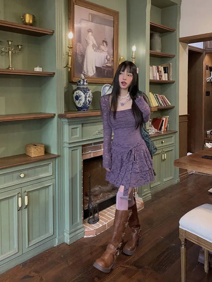 Lace-Inspired Slim-Waist Y2K Tunic Dress