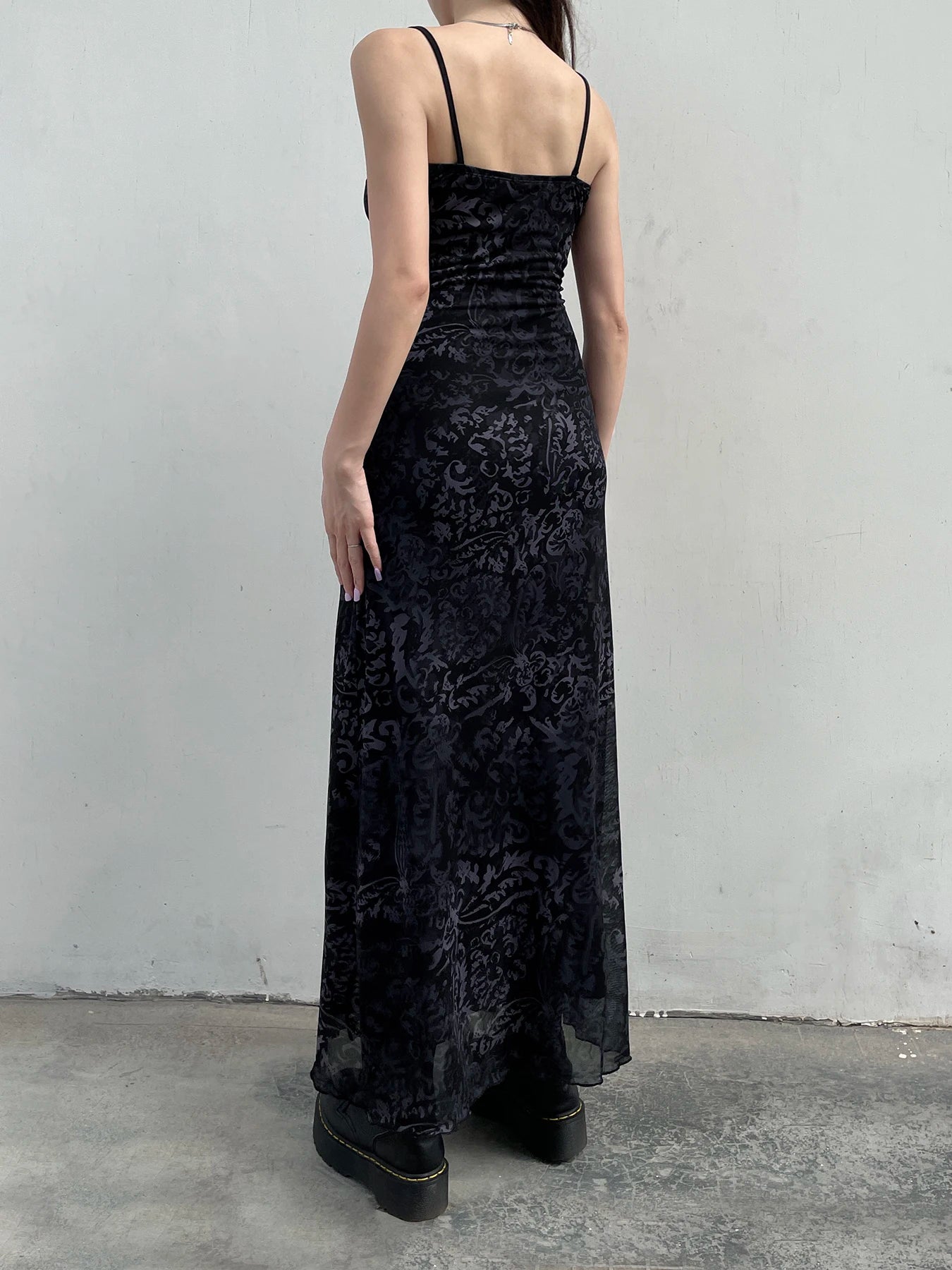 Dark Printed Lace Trim Mesh Dress