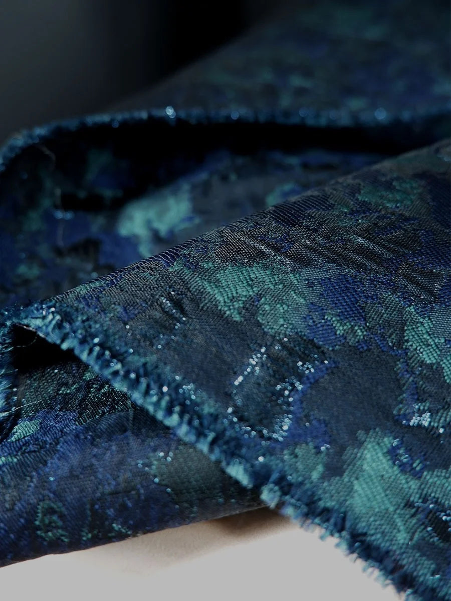 Navy Aqua Floral Jacquard Fabric for Dressmaking