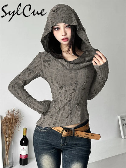 Distressed Hollow Retro Thin Hooded Top